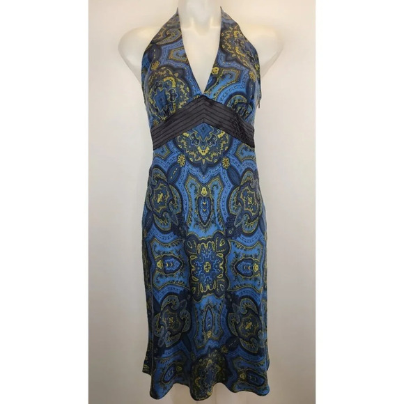 Laundry Shelli Segal 100% Silk Y2K V-neck Midi Halter Dress Blue Gold Regal 6 - Picture 2 of 13